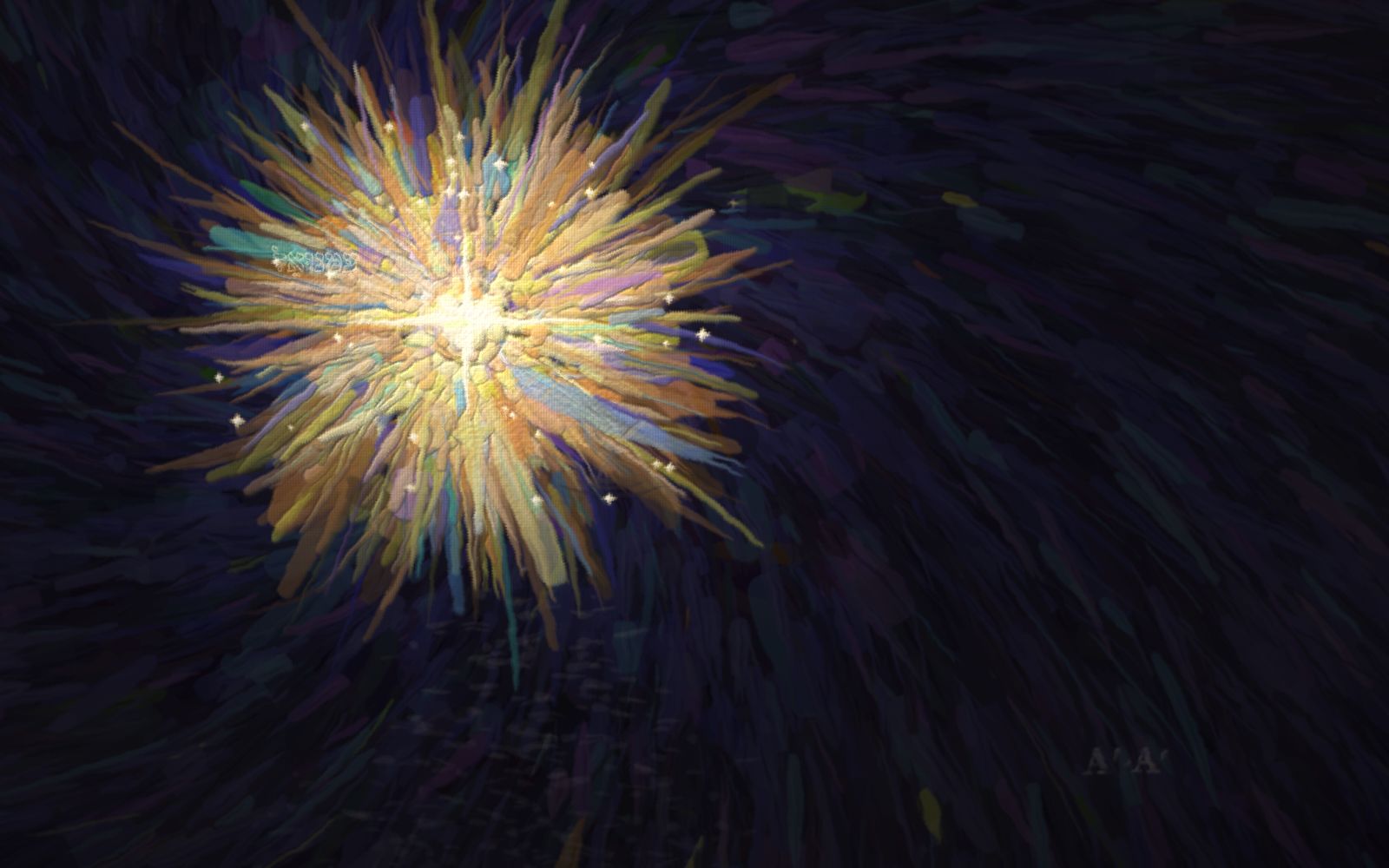 The primordial beginning, before anything is made: an immense formless dark, the deep, blue ripening to indigo and violet across the whole frame (never pure black), swept in long slow ripples. High and to the left, off-centre, a single small brilliant star of the first light is struck — white-hot at its heart, gold close in — and long directional rays rake outward across the vast dark, dying quickly into the deep. No figure, no ground, no landscape — only the first light just begun over the great deep. And God said, Let there be light: and there was light.