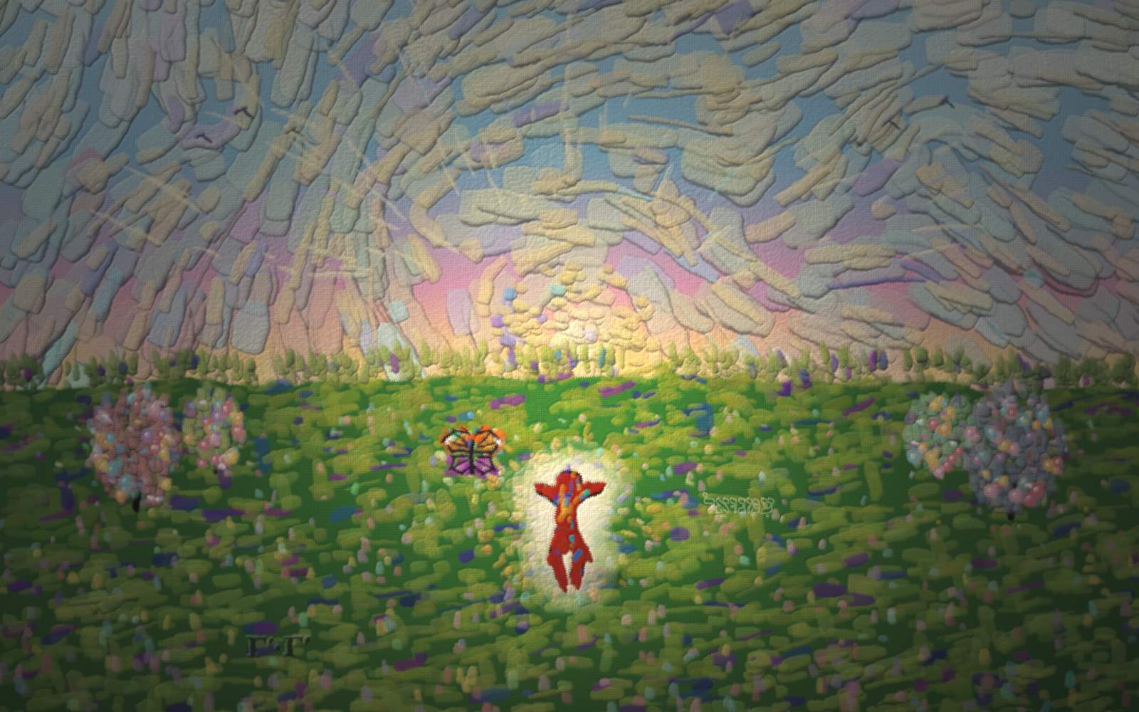 A red child rises renewed in a brilliant new dawn, a flourishing field of jewel-coloured wildflowers and fruit trees waking to colour.