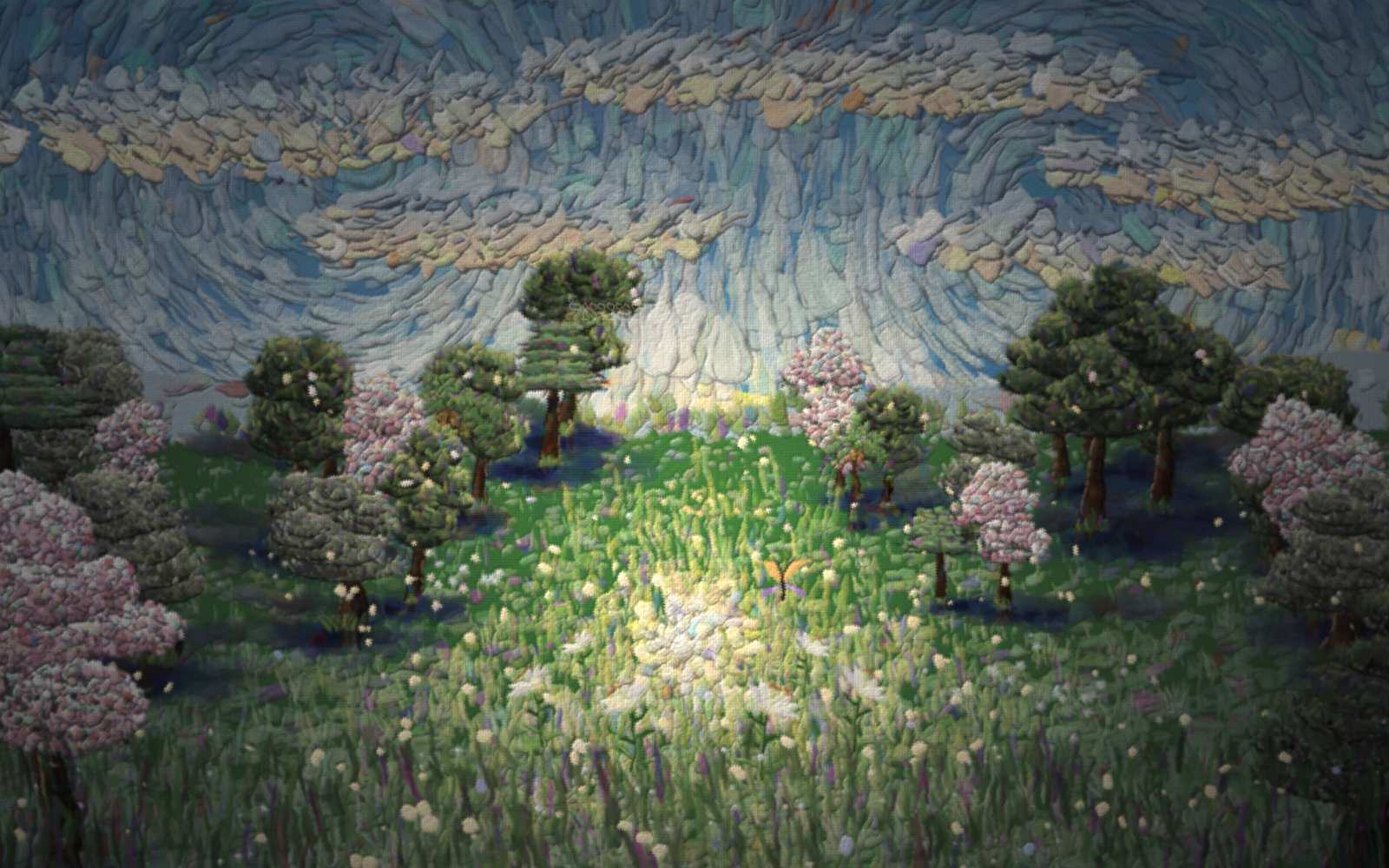 A child stands in a wide rolling meadow at dawn, and the light of the whole picture comes from inside him: his chest blazes gold, every tree throws its shadow away from him, and the clouds overhead are lit along their undersides. Nearest him the world is fully awake — deep green grass, trees in white and rose blossom, colonies of jewel-coloured wildflowers — and the further out the land runs the cooler and quieter it stays, the old world still waking to colour. Motes of seed-down hang glowing in the air around him, and one orange and violet butterfly, the sign of the new creature, floats beside his lifted hand. Hidden faint in the field are the Greek Γʹ·Γʹ (John 3:3) and the words ΚΑΙΝΗ ΚΤΙΣΙΣ, "new creature" (2 Corinthians 5:17).