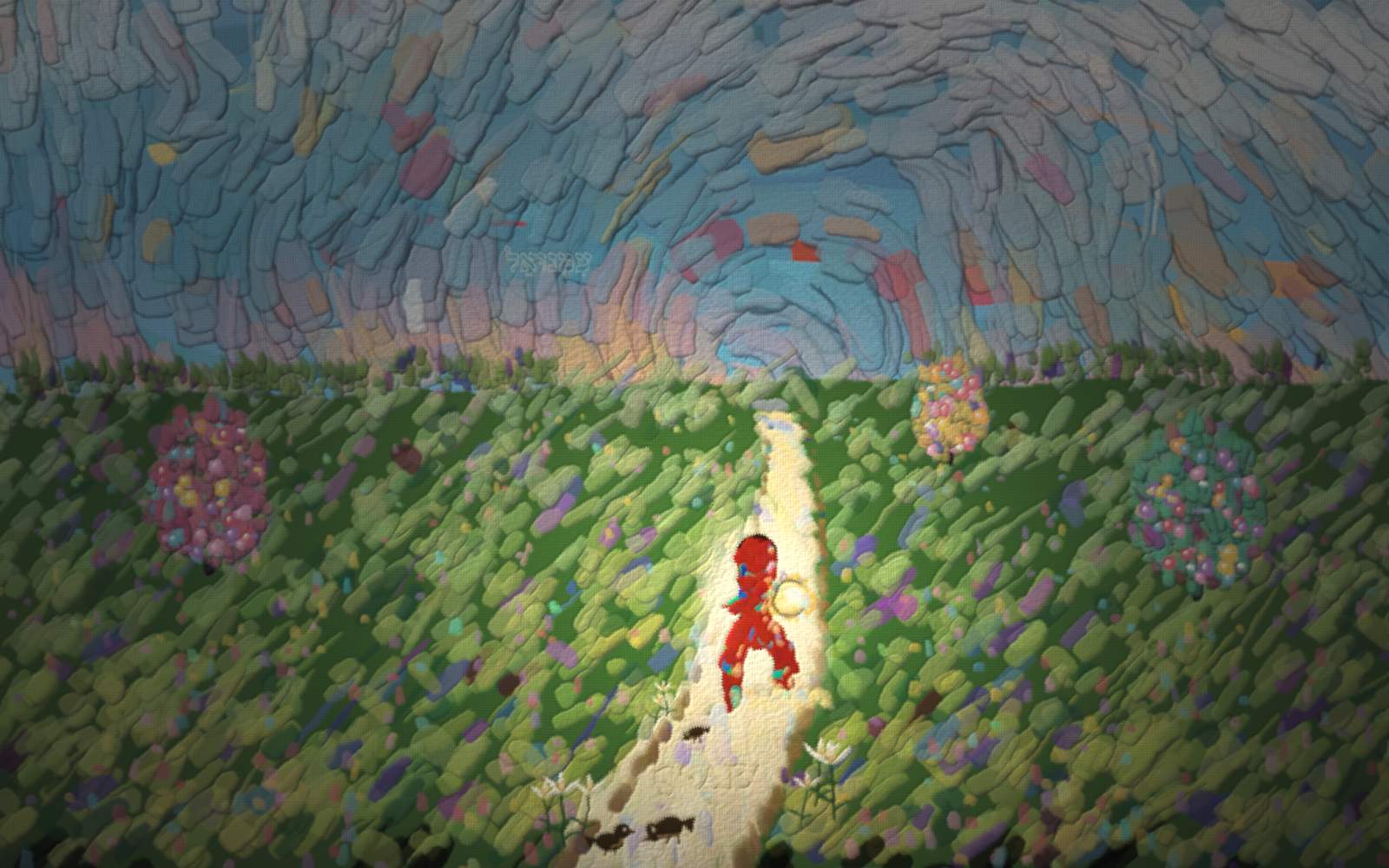 In a bright day a red child with a soft white aura walks a winding path through green flowering fields, carrying a warm glowing loaf of light whose glow falls on the path one step ahead.