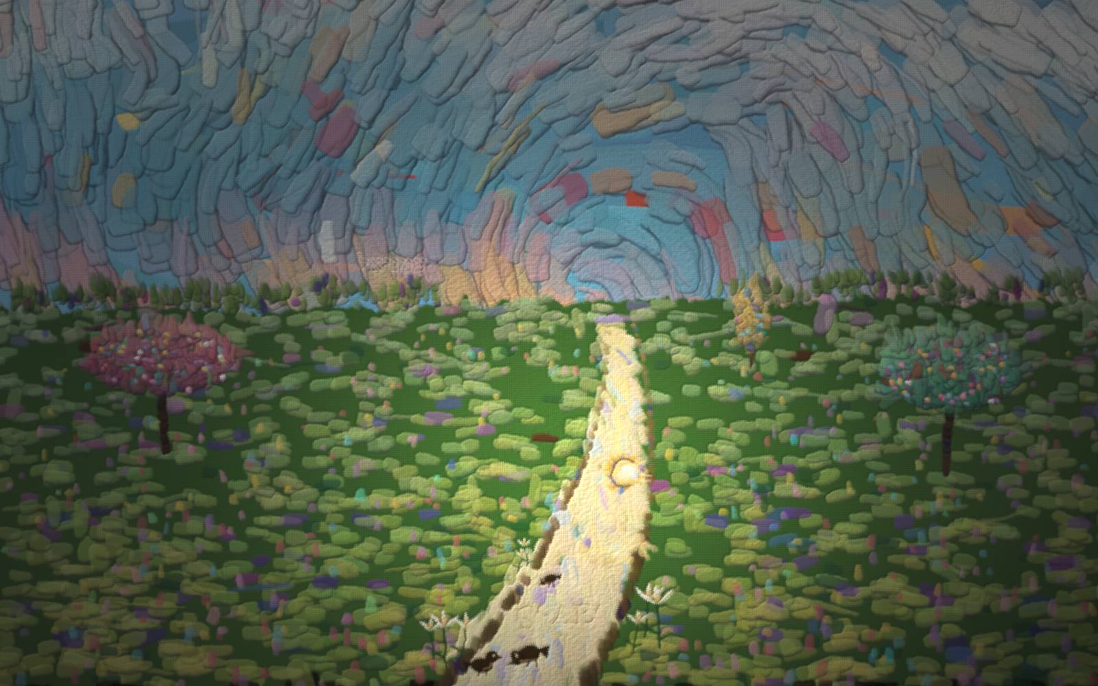 In a bright day a red child with a soft white aura walks a winding path through green flowering fields, carrying a warm glowing loaf of light whose glow falls on the path one step ahead.