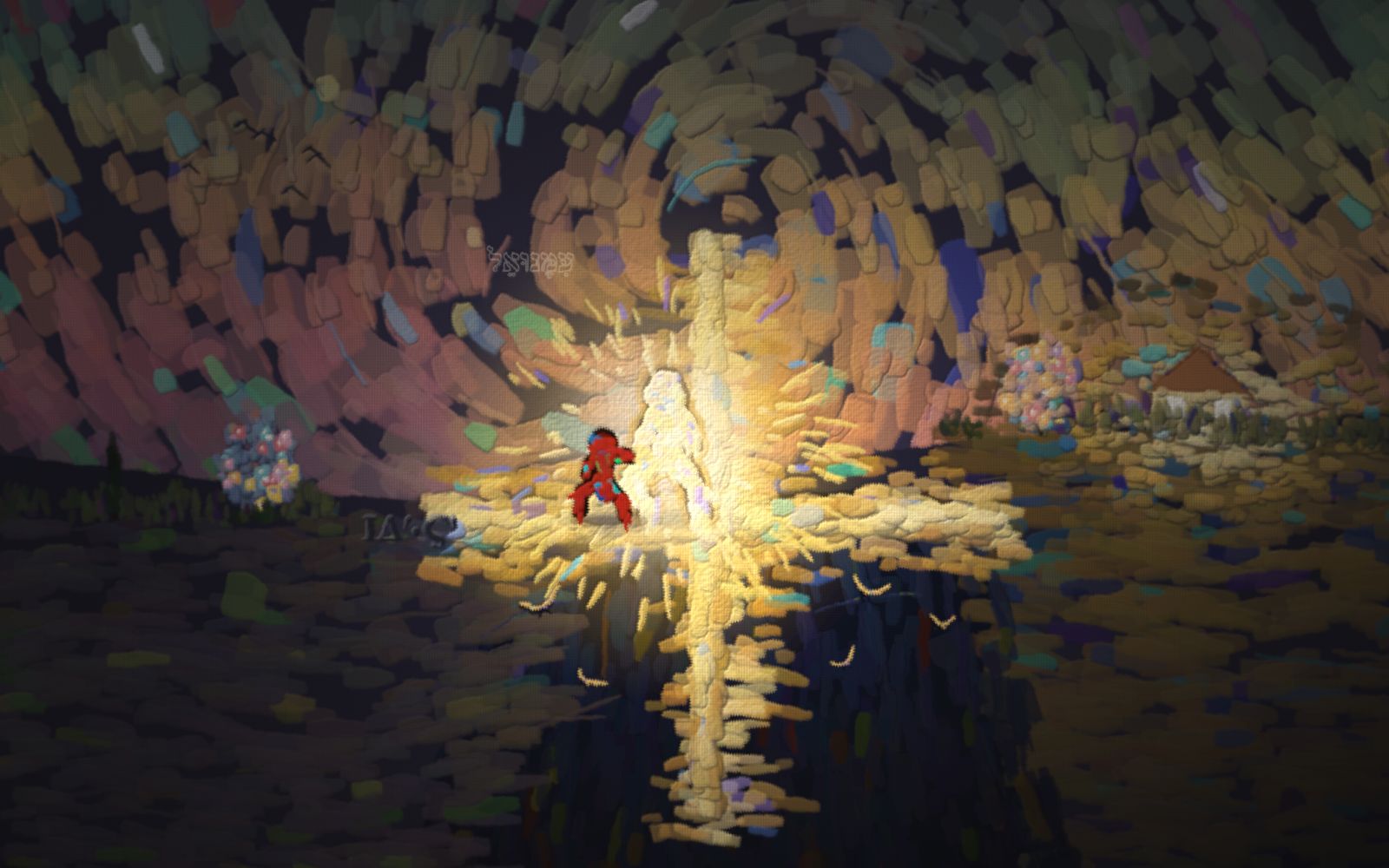 A bridge whose trusses form a cross spans a deep canyon; a child crosses it holding a golden figure's hand.