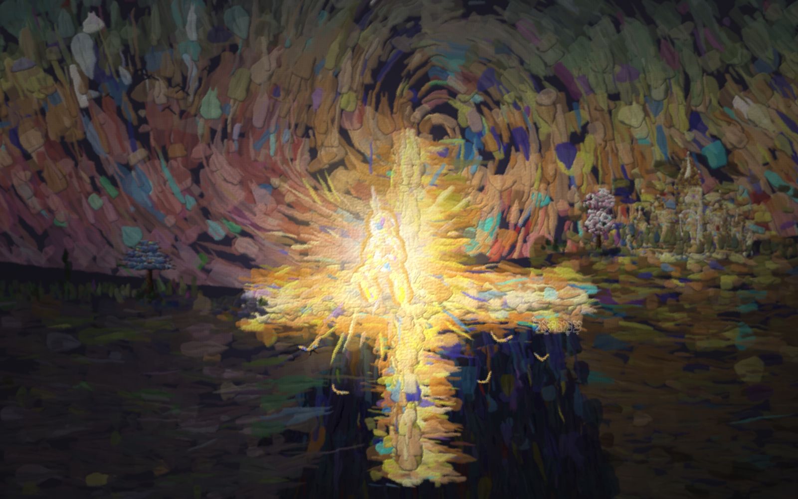 A deep dark canyon at dusk. A tall luminous cross spans it — its long glowing cross-beam is the walkway across — and a small child in red crosses it, led by the hand of a taller golden figure, toward a house glowing warm gold on the far rim. The cross is the way.