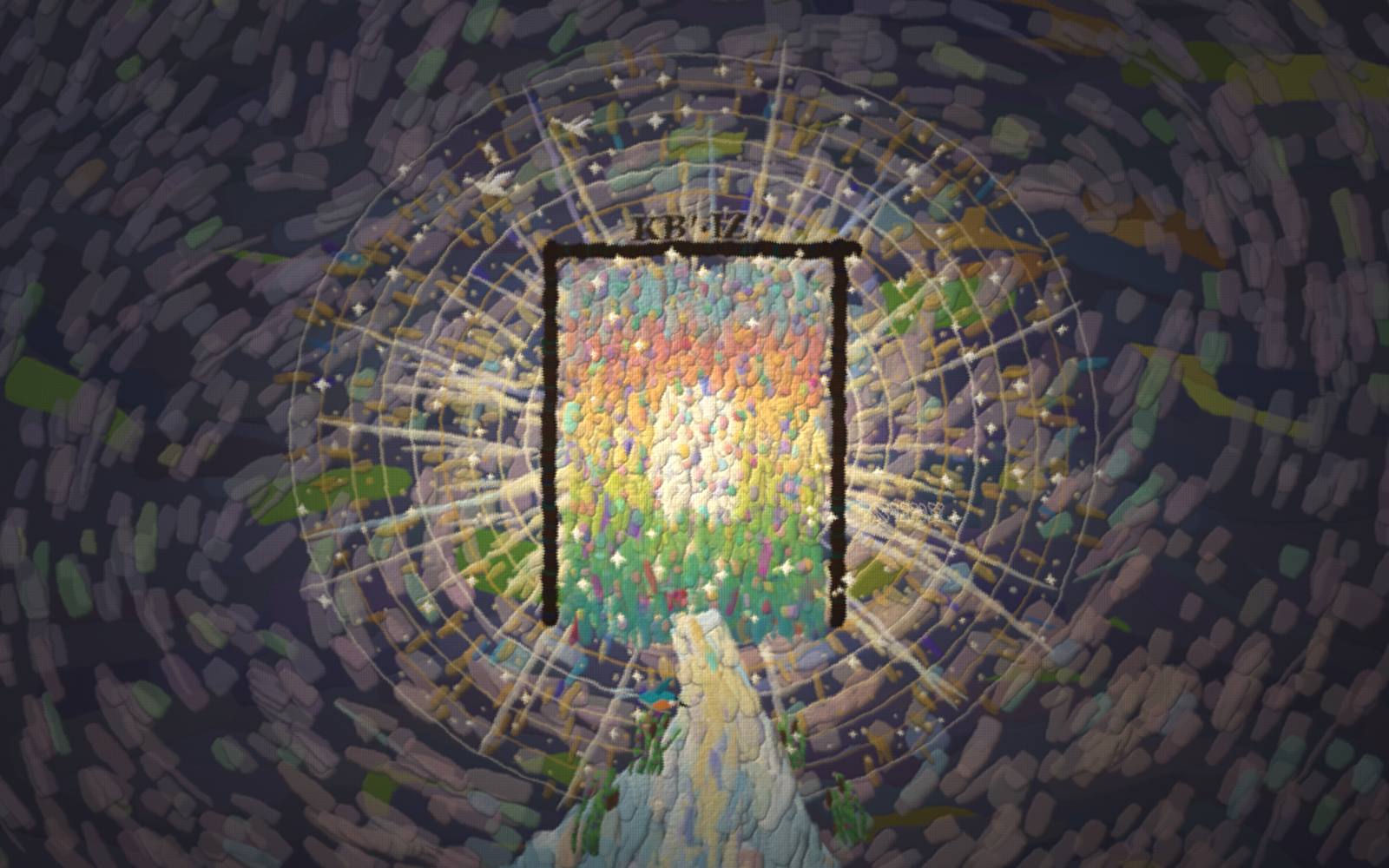 A great radiant open door of light, a river of living water flowing out from its threshold toward the viewer.