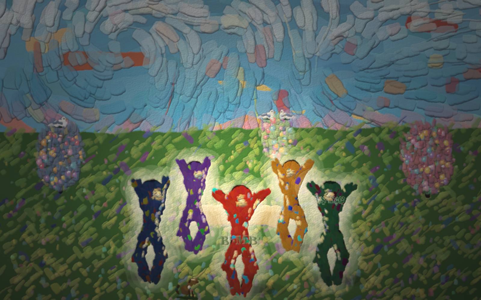 A warm ring of figures — the red child and others in their own colours — gathered around one shared golden light.