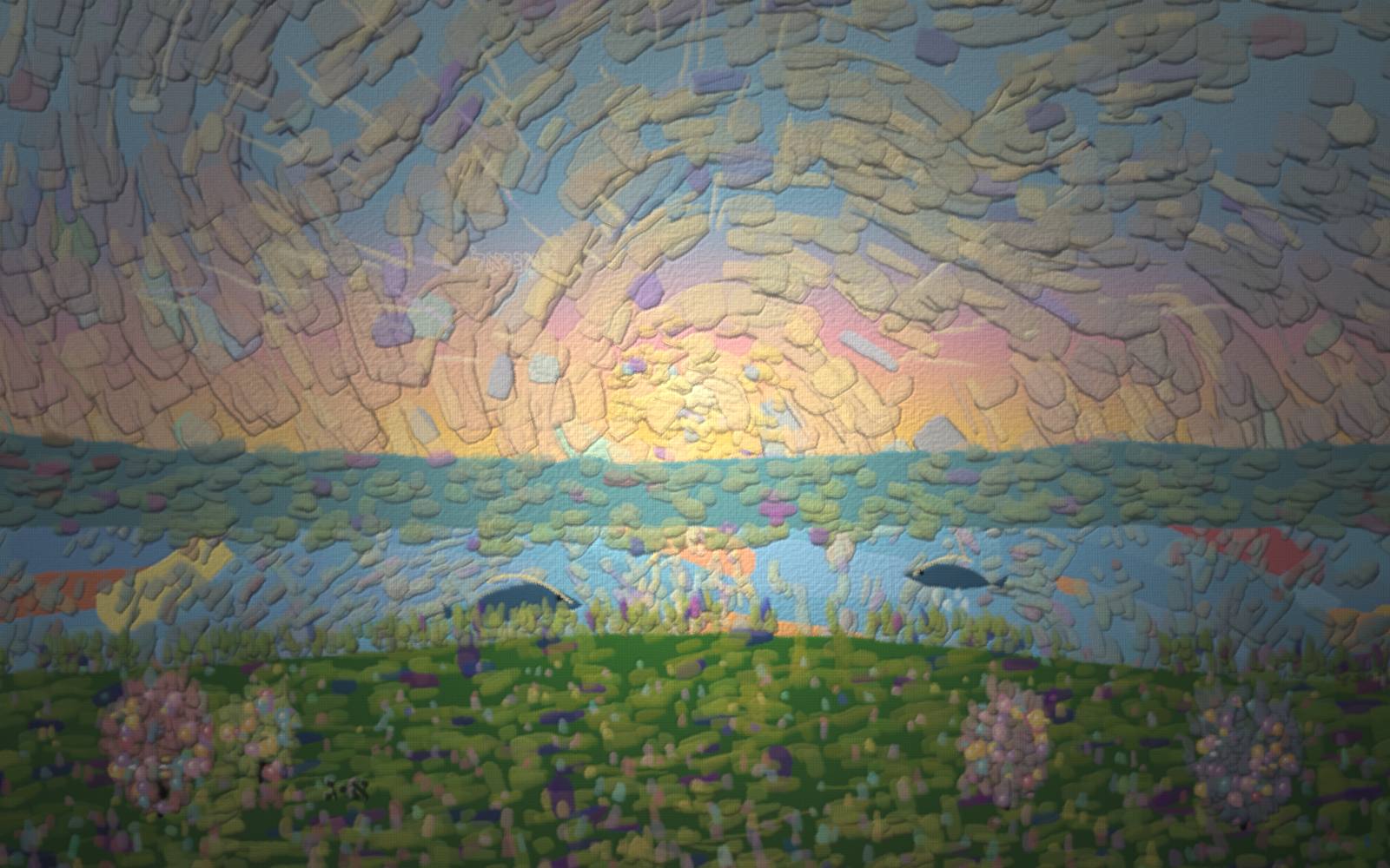 A radiant sun rises over a calm sea at dawn, a golden path of light across the water, swirling pastel-rainbow clouds above and a flowering green shore below — the whole world newly made and filled with light.