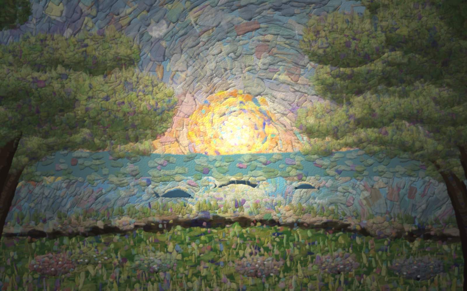 The first morning of creation: a brilliant rising light low over a great gathered sea that swirls blue-green and gold beneath it, under a radiant dawn sky of blue, rose and gold with birds rising, the pale morning moon still hanging high in the blue opposite the sun; fresh green new land bursts with the first wildflowers and jewel-coloured fruit trees along the near shore. The world, newly made, and the light that made it — and it was good. Hidden faint in the shore is the Hebrew reference for Genesis 1:3, "Let there be light."