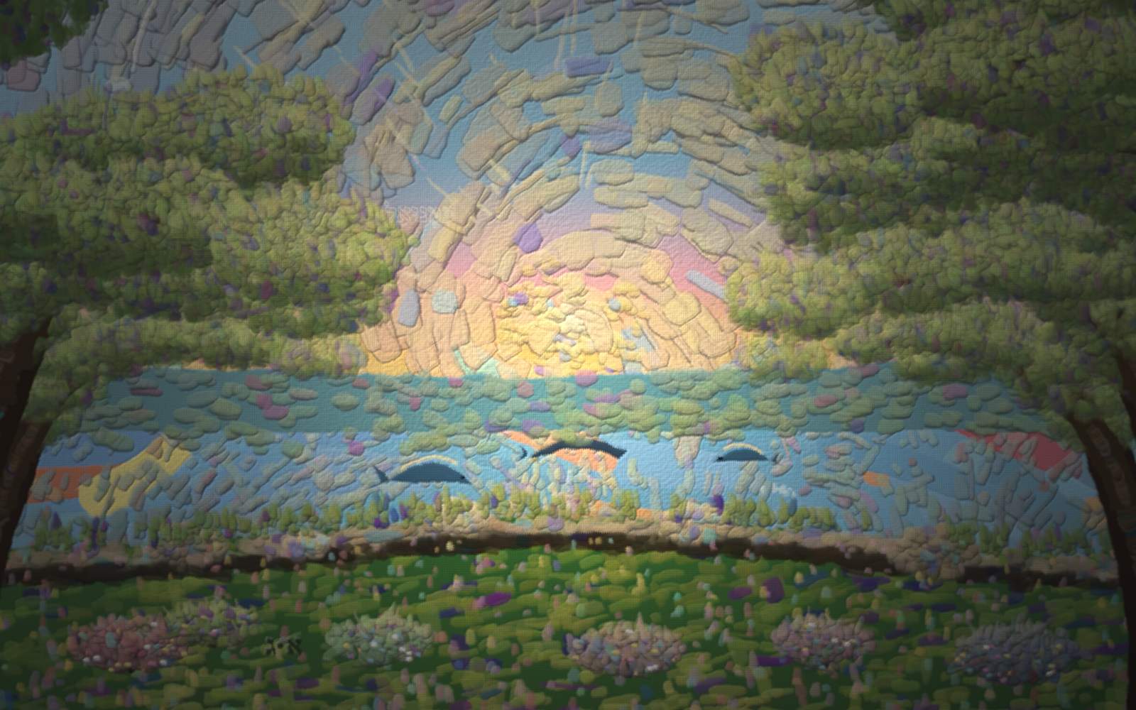 A radiant sun rises over a calm sea at dawn, a golden path of light across the water, swirling pastel-rainbow clouds above and a flowering green shore below — the whole world newly made and filled with light.