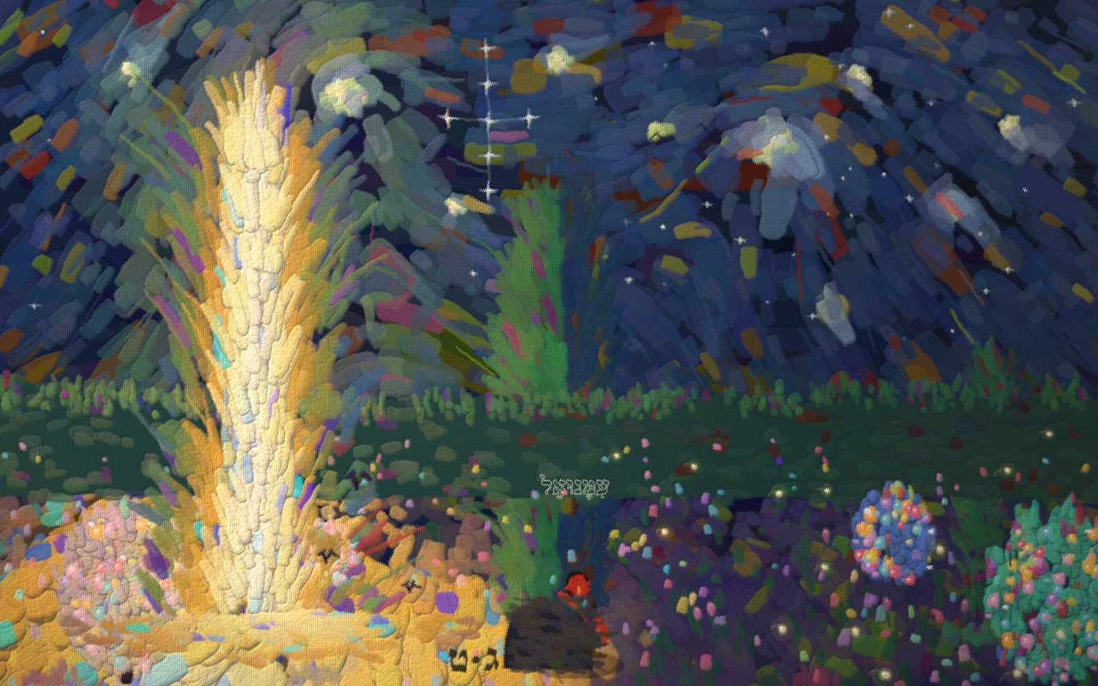 A dark but fruitful garden at night: a single small child hides behind a cypress as a column of golden light comes walking to seek them, jewel-coloured fruit trees standing in the dark.