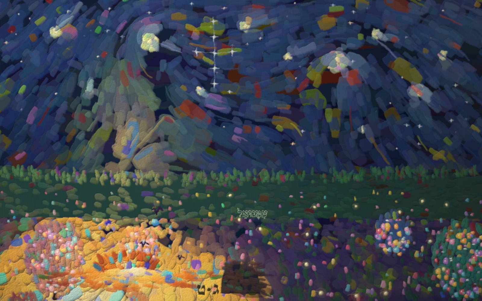 A dark but fruitful garden at night: a single small child hides behind a cypress as a column of golden light comes walking to seek them, jewel-coloured fruit trees standing in the dark.