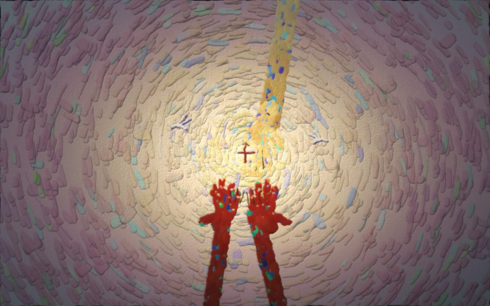 A gold-lit hand reaches down offering a small wrapped gift with a red ribbon; two small open hands reach up from below to receive it.