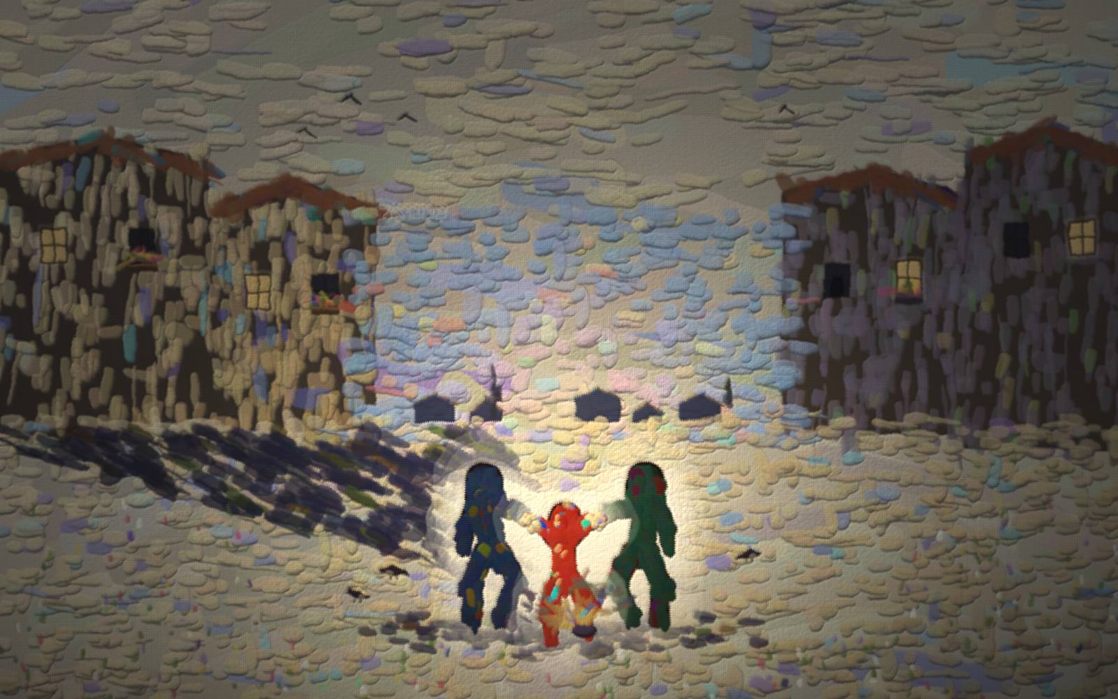 Three children walk holding hands; the middle one trips but the held hands catch the fall.