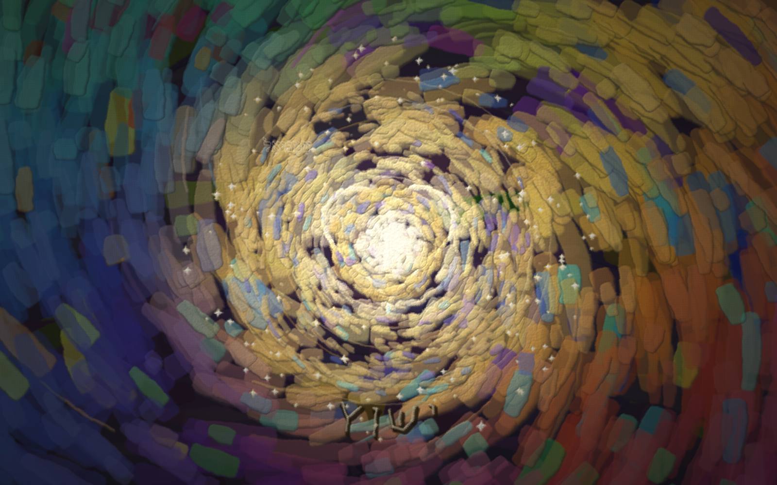 A great radiant Light fills the frame: a blazing white-gold core, concentric ray-swirls turning outward into every colour of a rose-window of glory, and a heart hidden in the innermost ring.
