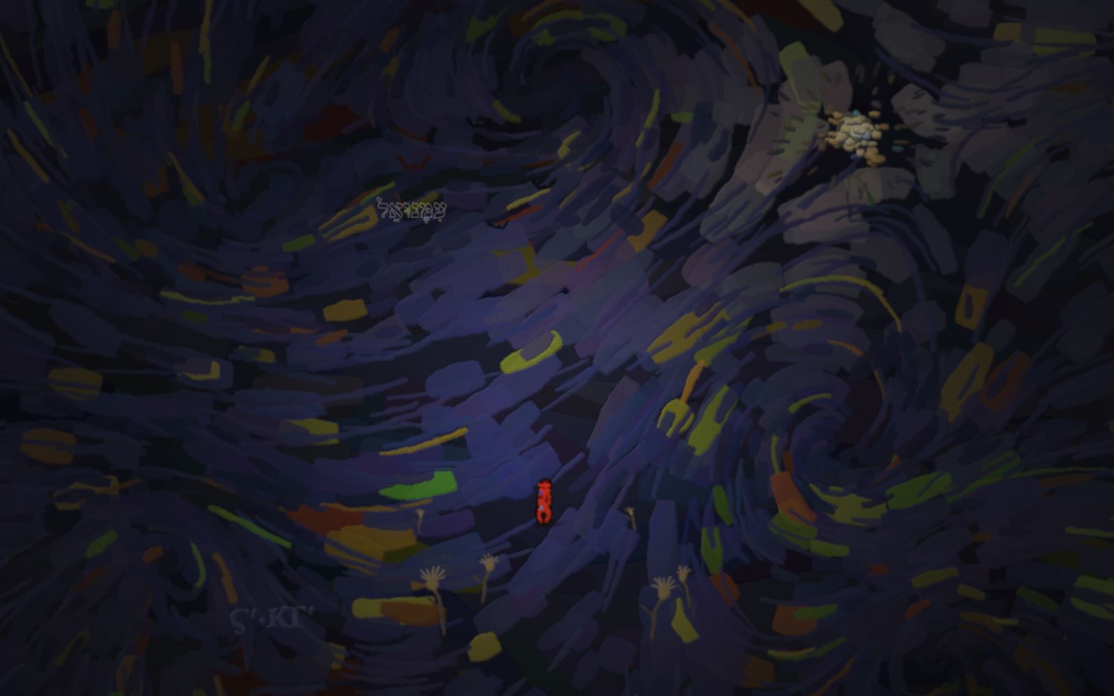 A tiny red child alone in a vast cold swirling night, a single faint gold glimmer far away.
