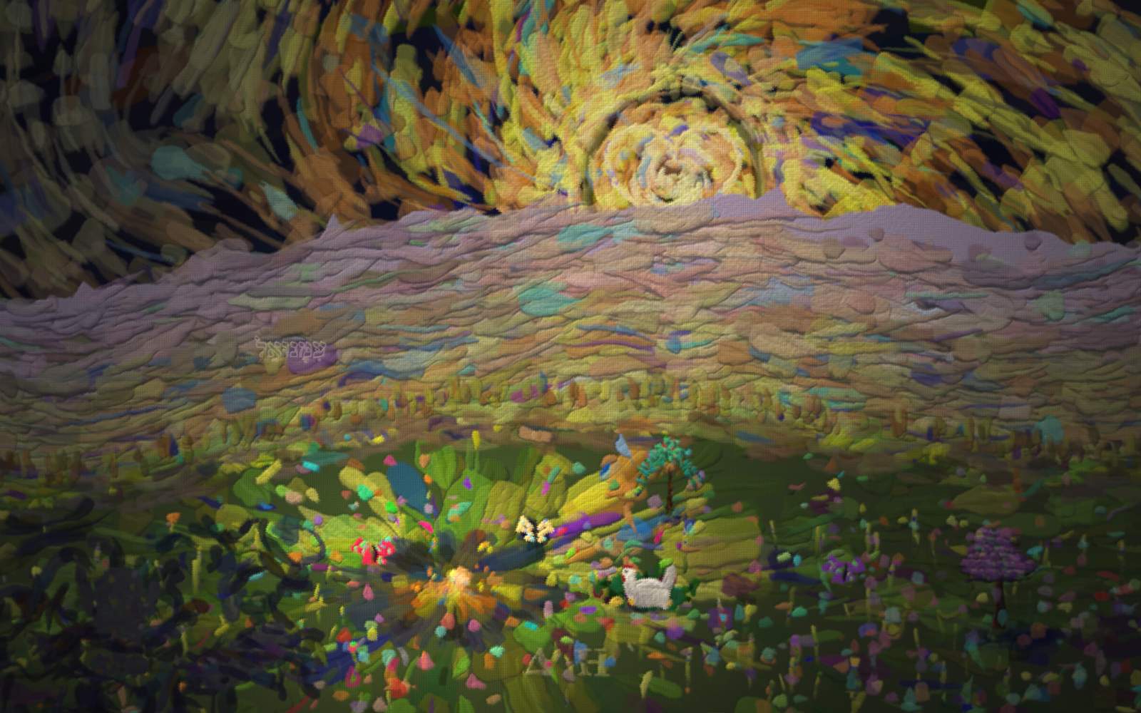 A great swirling golden sun pours light over lilac hills onto a green meadow full of wildflowers, where a small child kneels in the sunlight with butterflies rising around him and a white rabbit nearby. Beside him in the grass a white hen sits with her wing spread low, two yellow chicks peeping out from under it and a third standing at her breast looking up at her — as a hen gathers her chickens under her wings. Everything He made, He made for love.