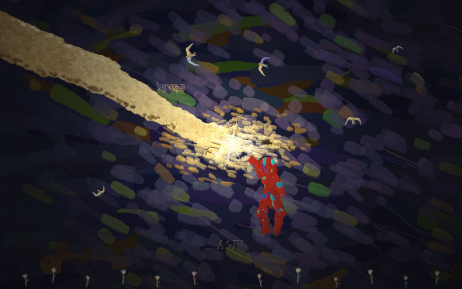Two arms reach across a deep blue field — a beam of gold Light from above and a small red child's arm from below — their fingertips almost meeting at a bright spark of light, in the manner of Michelangelo's Creation of Adam.