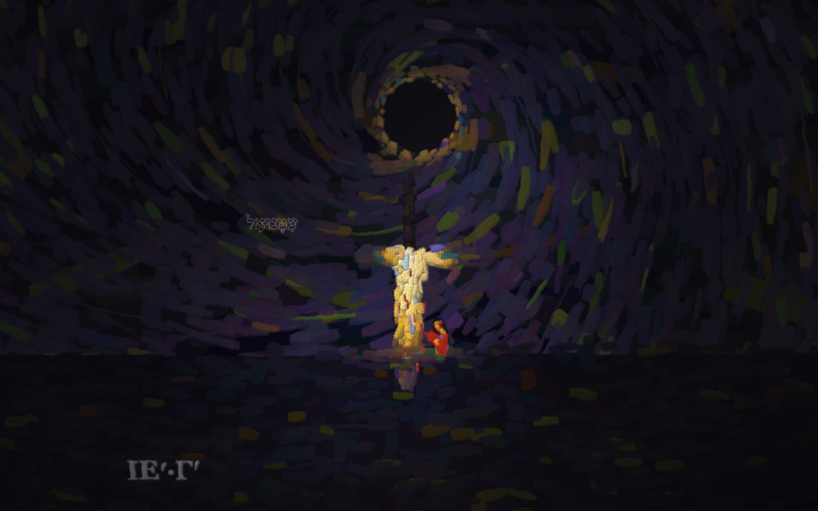 Darkness over all the land at noon: a sun gone black with only a thin grieving corona of dim gold, a heavy mourning violet-blue sky, and on a dark hill a cross of dark wood from which the gold Light clings and pours out, draining into the dark; drops of deep red fall from it, and at its foot a small child in red is curled and sheltered.