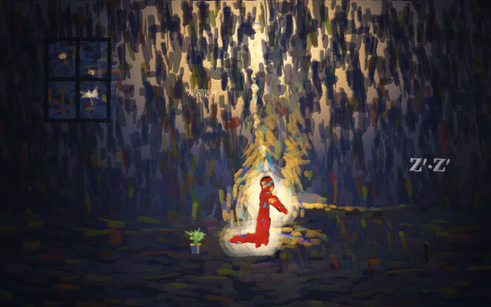 A child kneels at a bed in a blue night while a soft golden light comes down and wraps around them.