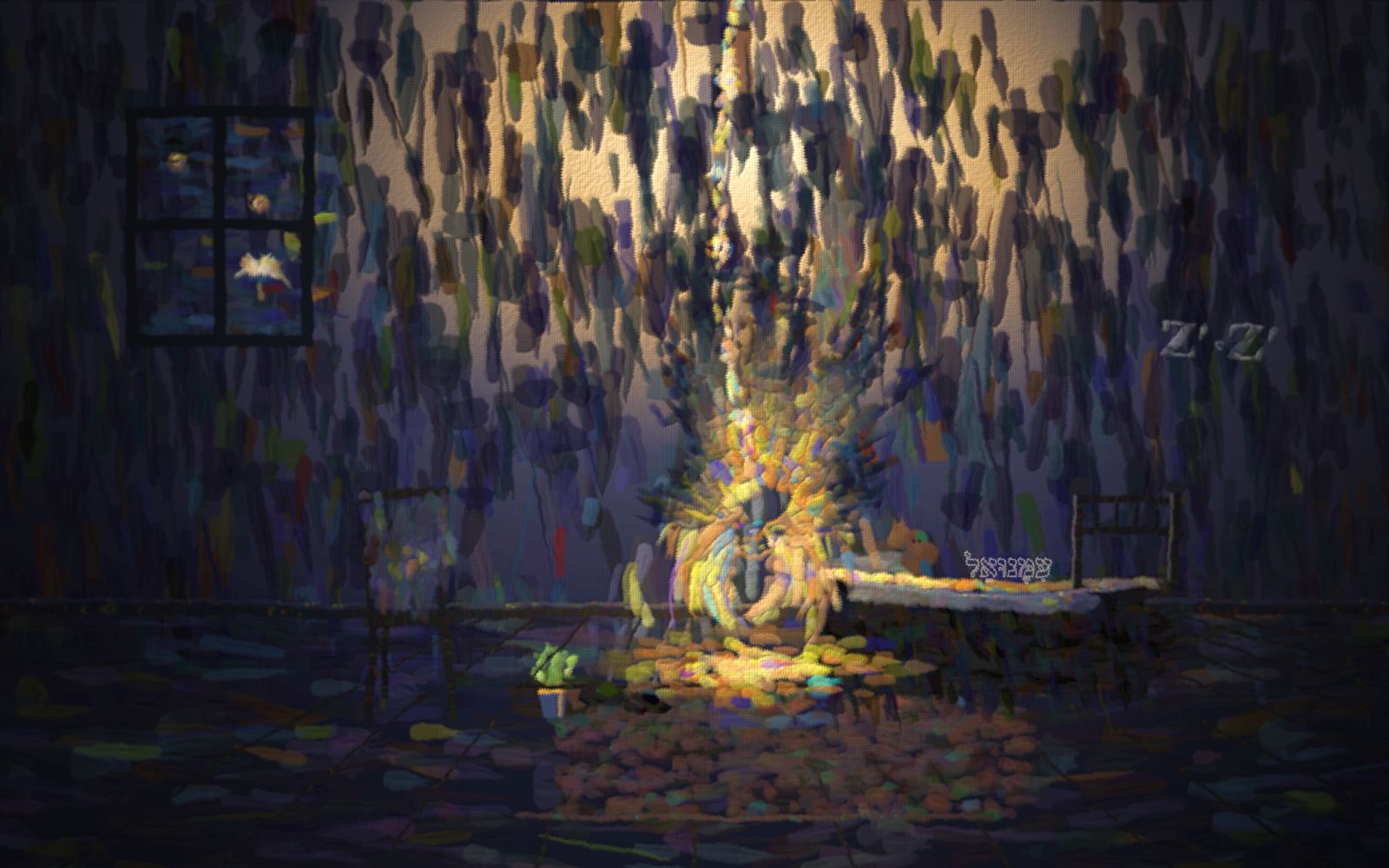 A dark night room in deep blues; a small child in deep red kneels at a bedside, head bowed; a thread of small golden lights rises from their hands to the top of the frame while a wide soft golden light descends around the child like a wrap.