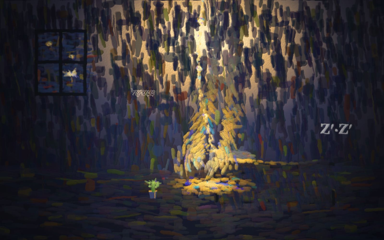 A child kneels at a bed in a blue night while a soft golden light comes down and wraps around them.