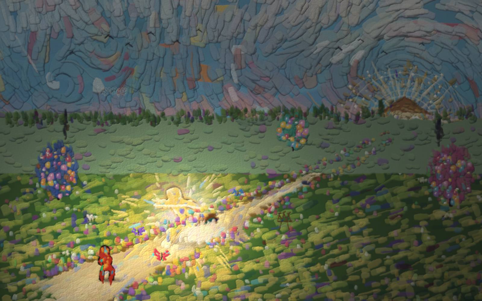 A wheat field under a churning sky: a returning figure takes three steps while the father runs past the road's halfway mark.