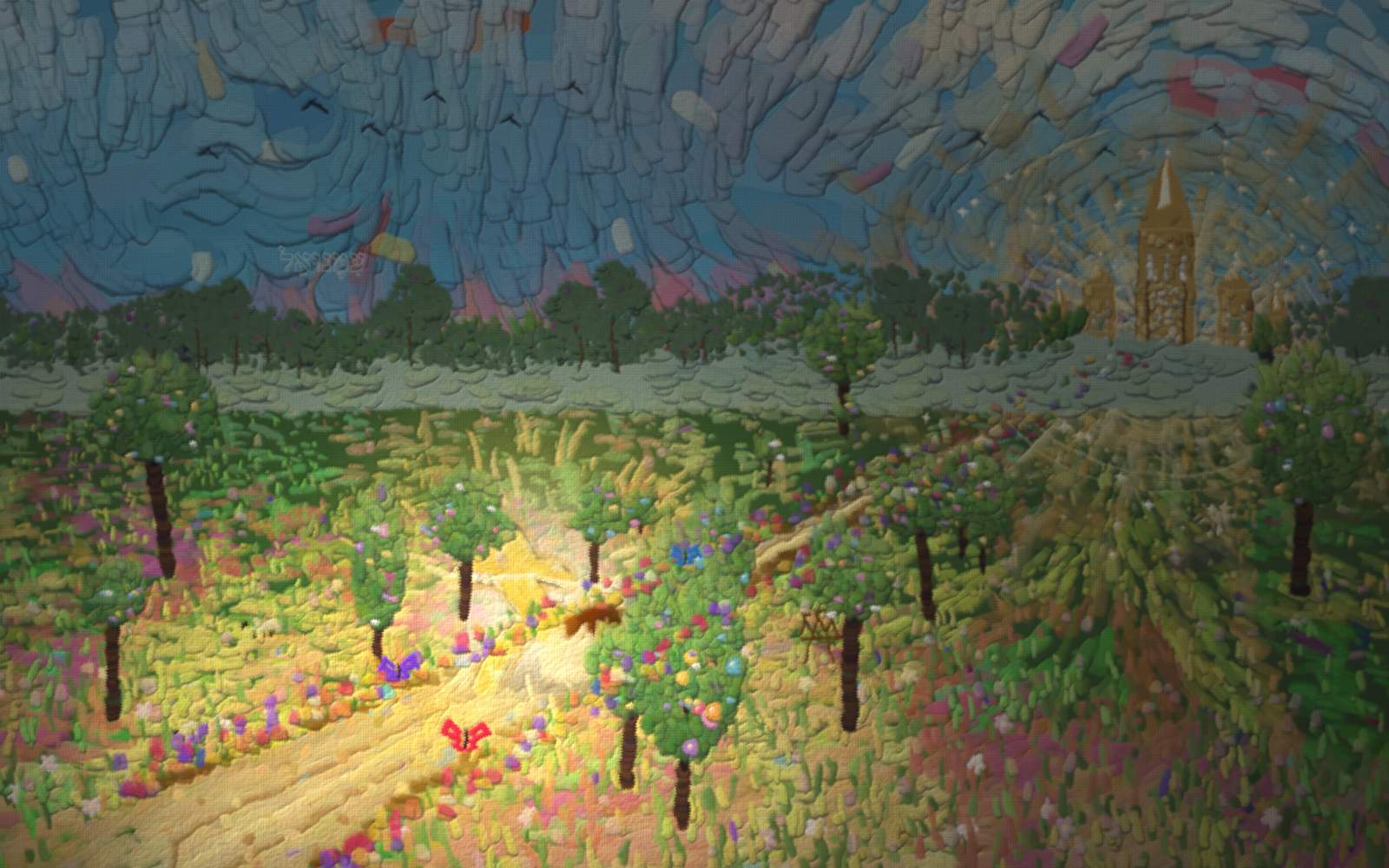 A wheat field under a churning sky: a returning figure takes three steps while the father runs past the road's halfway mark.