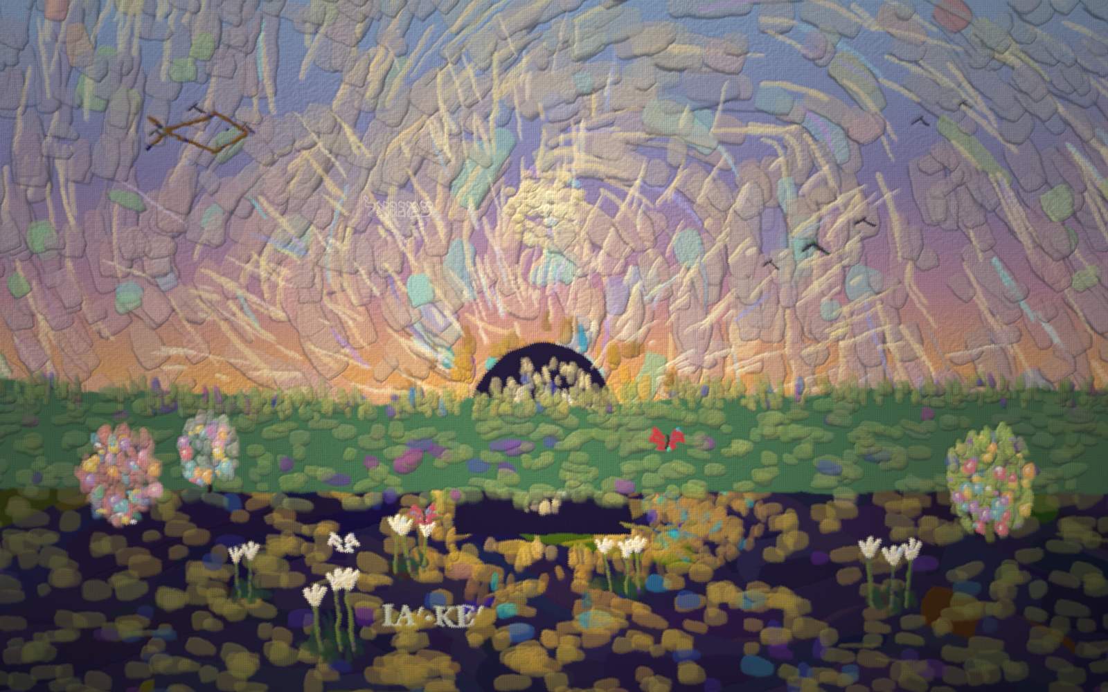 Dawn on the third day: a hillside with a great open cave — the empty tomb — its huge round stone rolled clear, brilliant light pouring out of the mouth across a gold-and-rose sky.