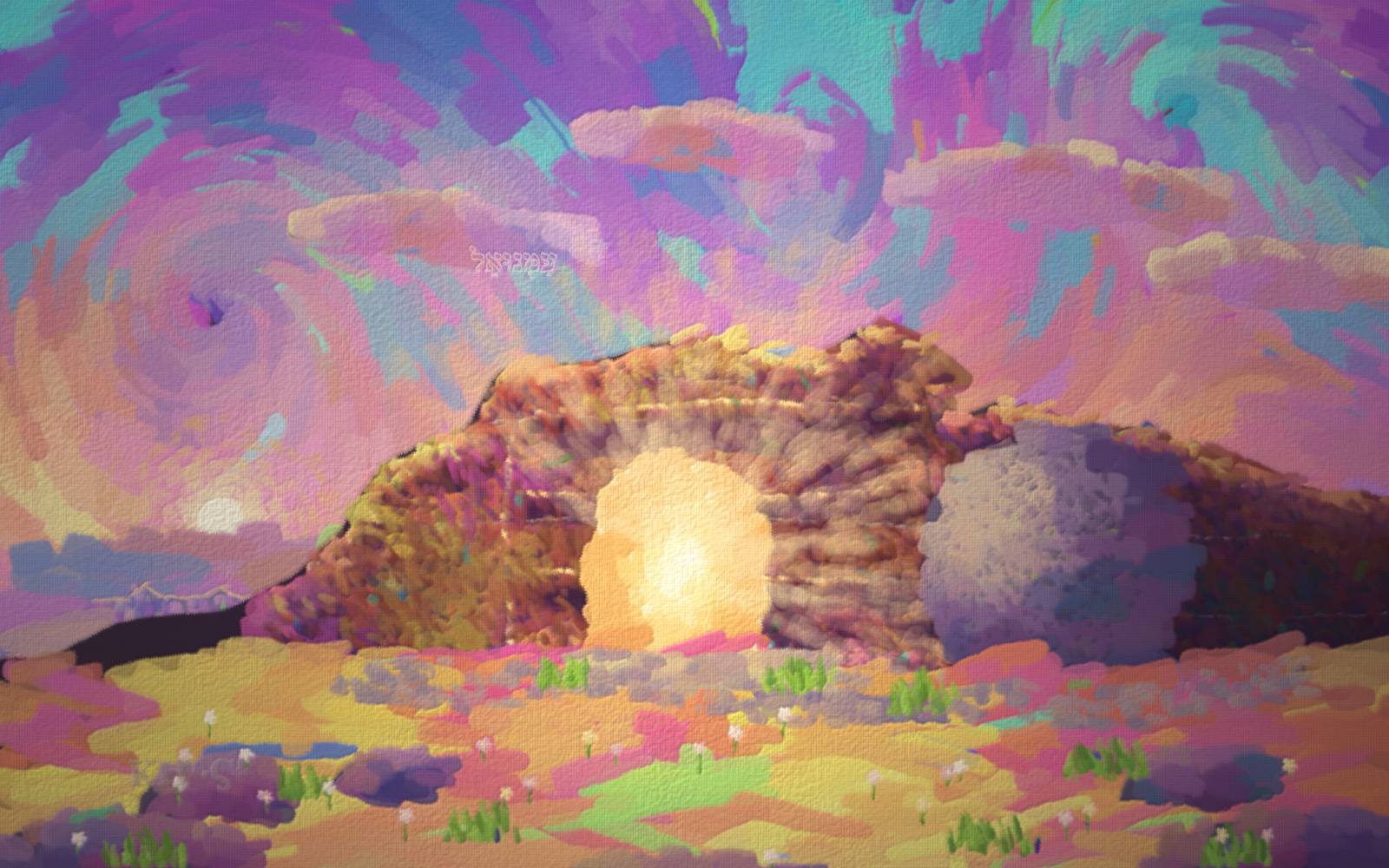 Dawn on the third day: a hillside with a great open cave — the empty tomb — its huge round stone rolled clear, brilliant light pouring out of the mouth across a gold-and-rose sky.