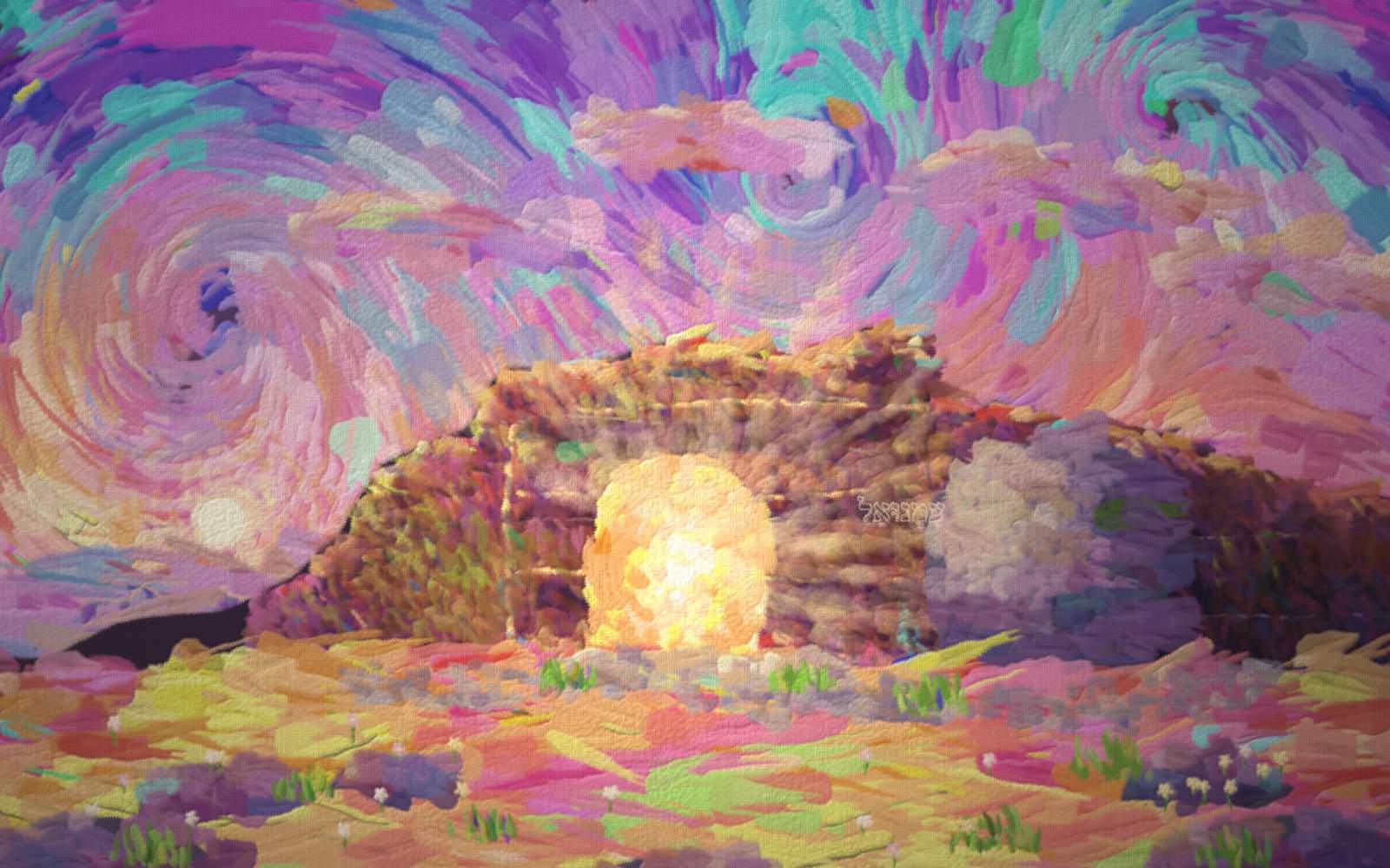 The same burial hill as the page before, now at dawn. The sun is up over the valley on the left and the city on the horizon has morning on its walls. The cave mouth cut into the rock is wide open and blazing: white and gold light pours out of it, fans across the rock in rays, and spills down the sill onto the sand. The great round stone has been rolled clear and stands on the sand away to the right, at the end of the track it rolled along, throwing its shadow away from the tomb. The ground is pale and warm, green is pushing up through the sand, and small pink and white flowers are open where the dead scrub was.