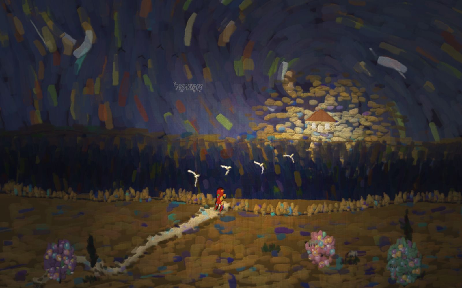 Wheat hills under a swirling sky: a road climbs from the far country and stops at the brink of a huge valley; a child in red stands at the edge, reaching toward a small home whose windows glow gold on the far rim, across the gulf, too far to reach on foot.