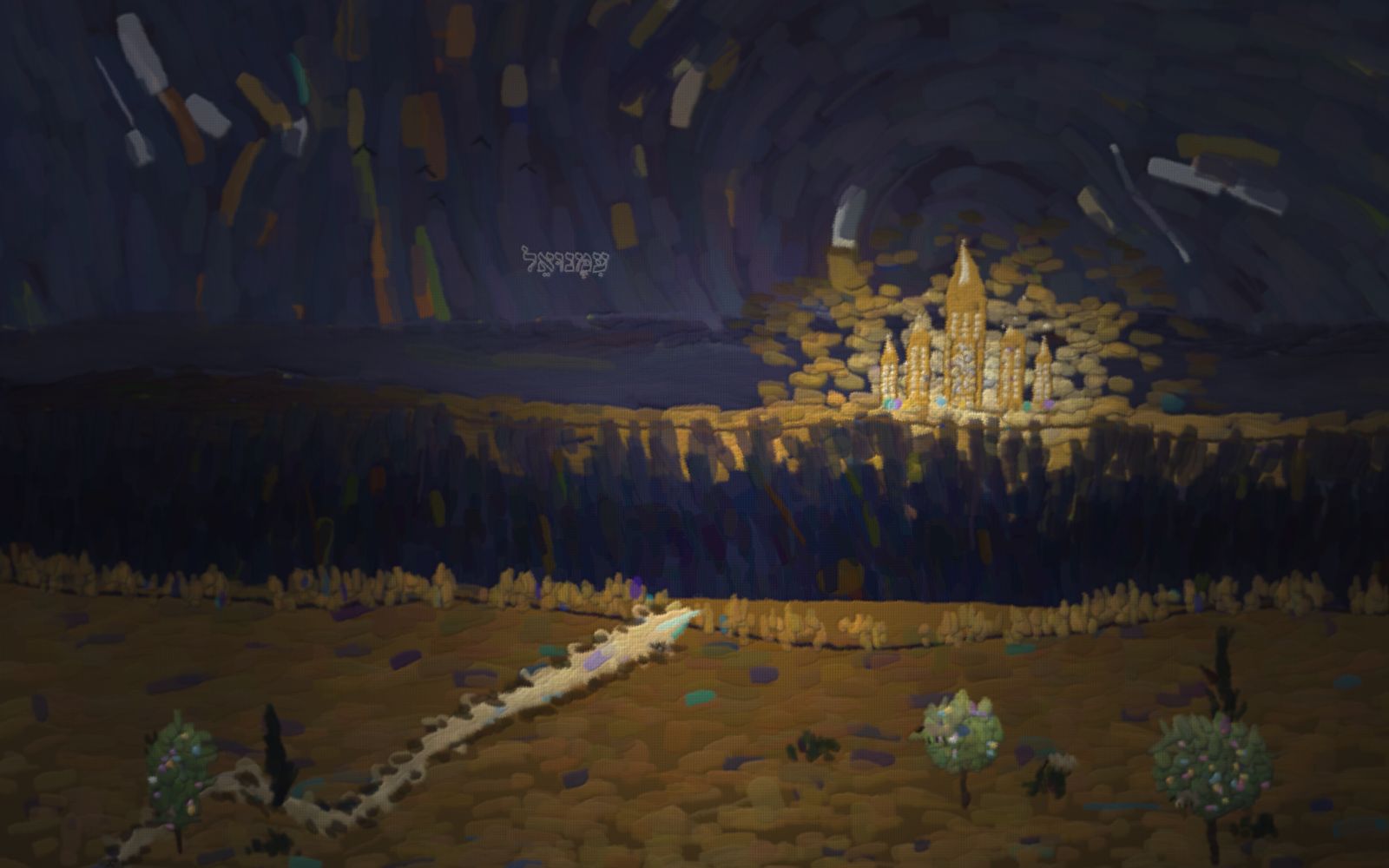 Wheat hills under a swirling sky: a road climbs from the far country and stops at the brink of a huge valley; a child in red stands at the edge, reaching toward a small home whose windows glow gold on the far rim, across the gulf, too far to reach on foot.