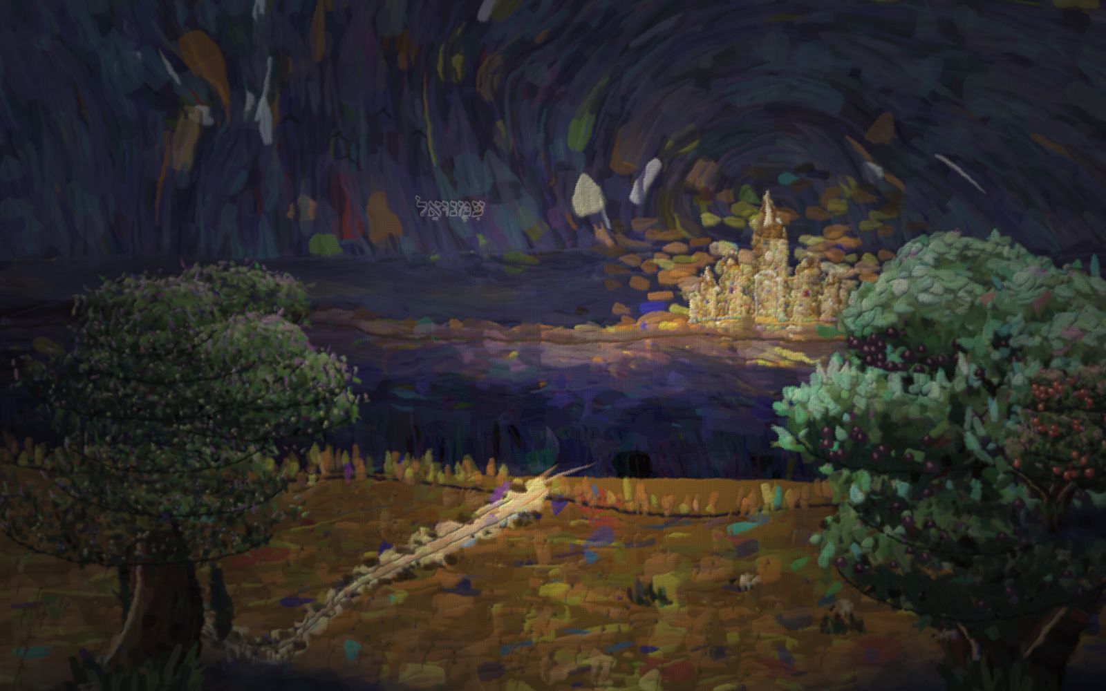 Wheat hills at dusk under a rising spiral sky; a road climbs from the far country, over a rise and through a hollow, and ends at the near rim of a huge valley — a great gulf plunging into deep blue. A small child in red stands at the brink, reaching toward a warm gold home that glows on the far rim, across the gulf, too far to reach on foot. The road home has run out; only a bridge from the other side can cross.