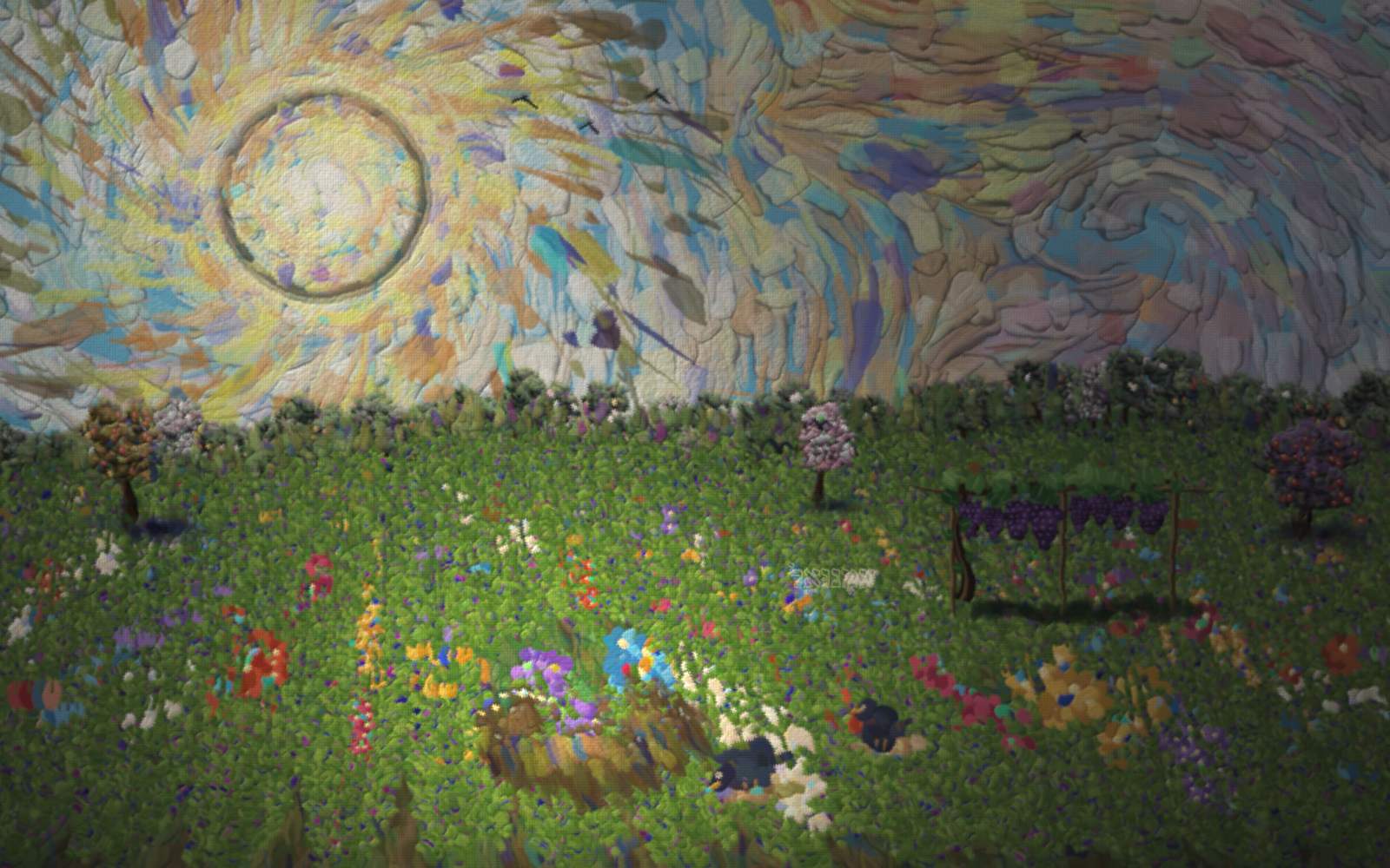 Under a swirling golden morning sun, a small child in deep red kneels sowing on a furrowed field; rows of young green shoots lean toward the light, and one gray rock sits in a row with nothing growing from it.