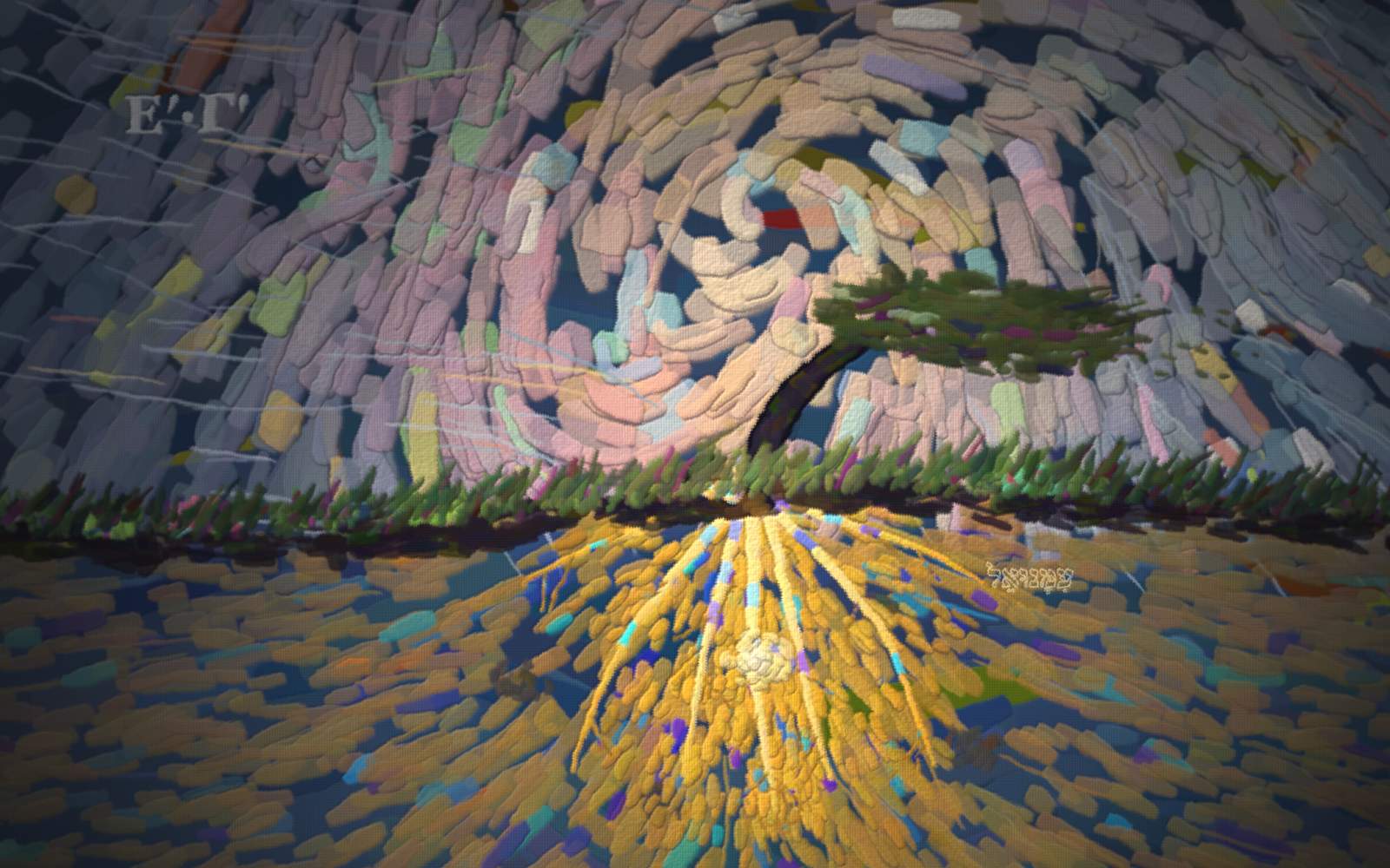 Two trees bent in slashing rain; below the ground one tree's roots blaze gold, gripping deep.