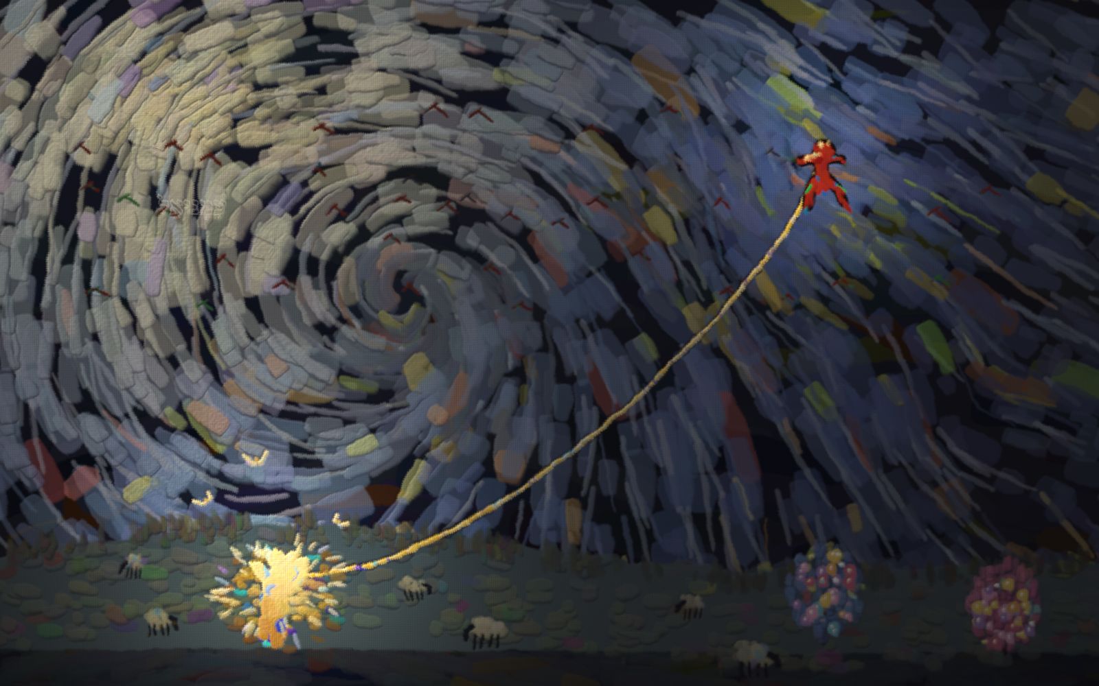A child on a hill holds the long unbroken string of a balloon carried far by a churning sky.