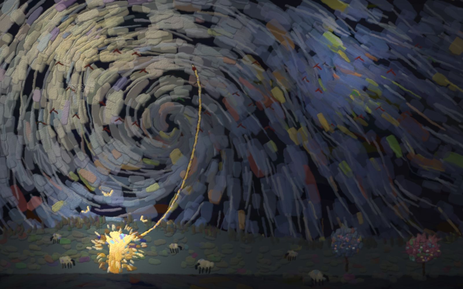 A child on a hill holds the long unbroken string of a balloon carried far by a churning sky.