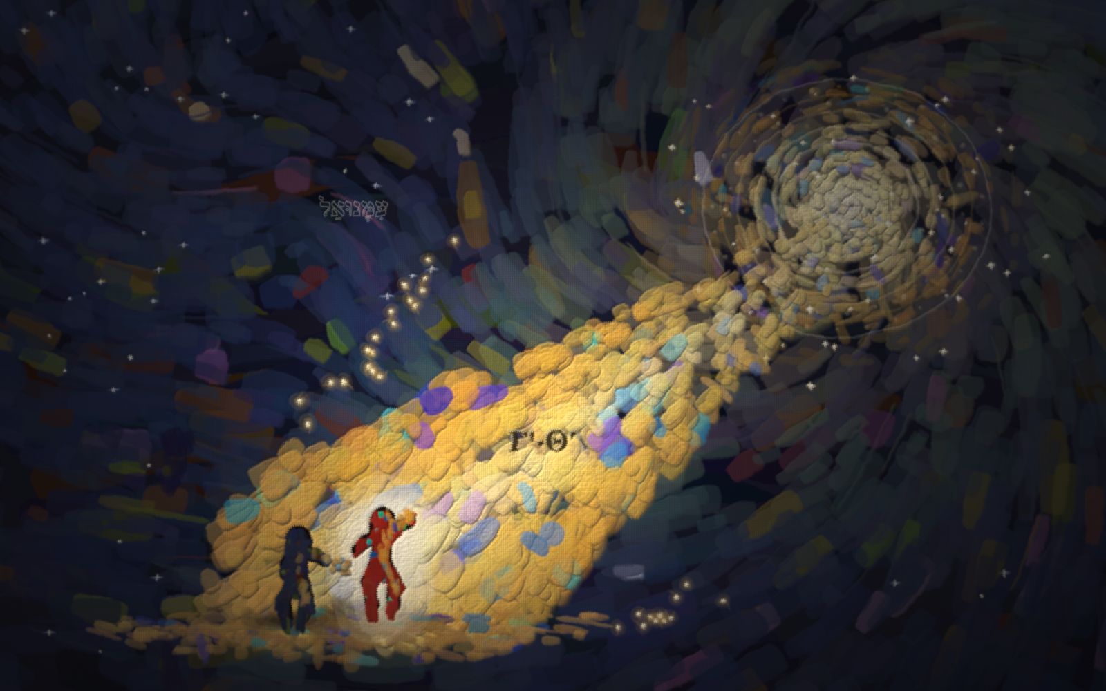 A washed red child with a soft white aura takes the hand of a darker figure still in the shadow and leads them up a brightening golden road toward a distant radiant Light and home.