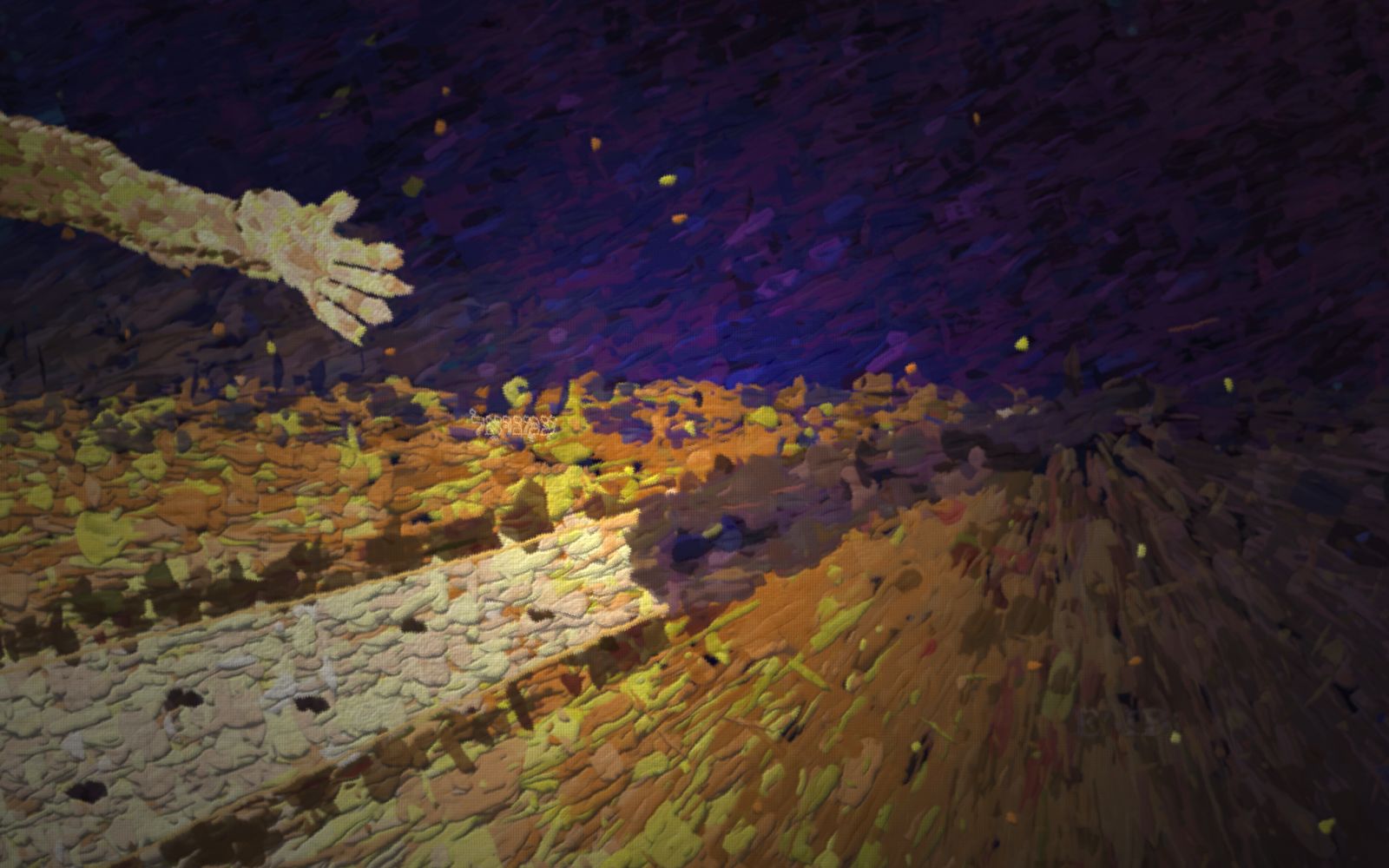 A road runs out of a warm gold light behind the viewer, passes under the feet of a small hooded figure and narrows away into a deep cobalt-violet dark, vanishing at the horizon. The figure is seen from behind, mid-stride, walking away from the light; the last of the gold still catches his shoulders while the cold touches his far side. His long shadow is thrown forward up the road ahead of him, reaching the vanishing point before he does, and behind him a line of dimming footprints leads back into the blaze he came out of. The near ground burns gold, the far ground and the sky go cold and violet — the first turning, the great refusal. High on the left, out of the dark sky on our side of the picture, a great arm of gold light reaches after him, its hand open and empty, still held out.