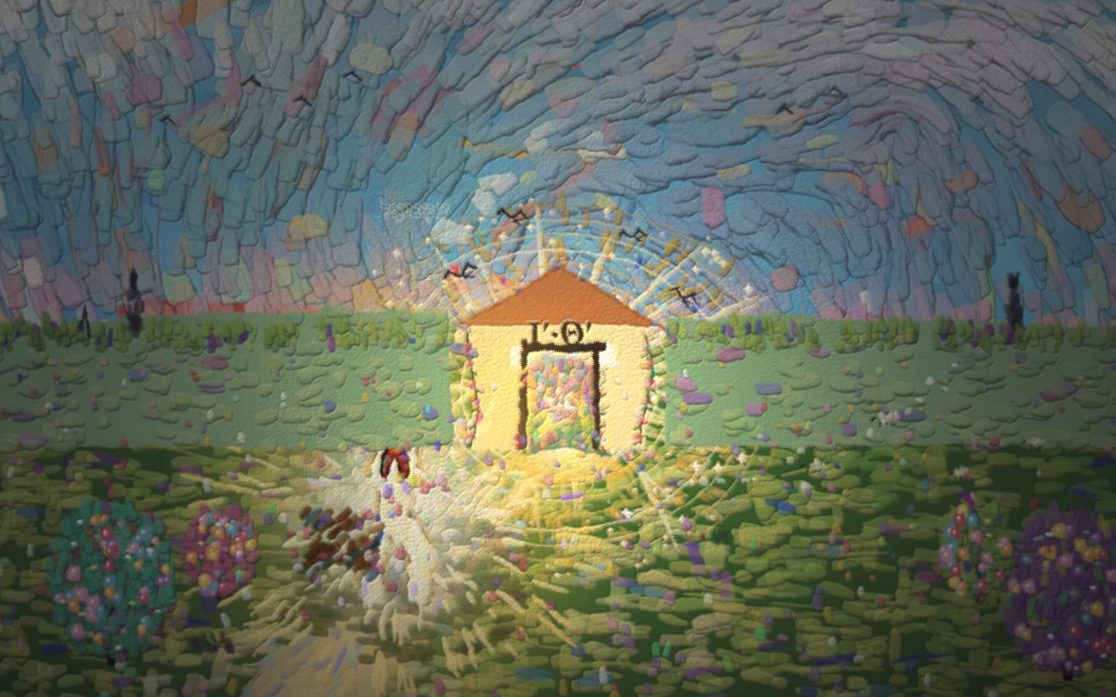 The radiant Father carries a small child on his shoulders up a path toward his light-filled house, through the one glowing door that opens on a whole world of colour.