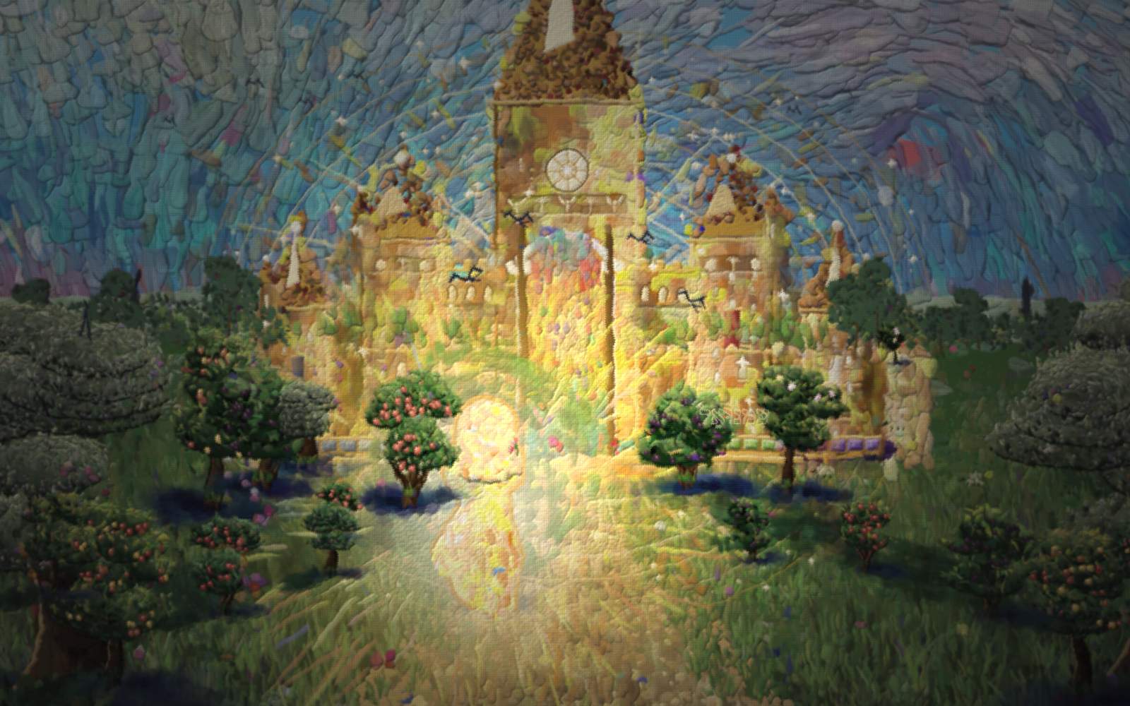 The full bright new world: a swirling dawn sky over a flourishing green meadow loud with wildflowers, fruit trees and sheep. Dead centre stands the Father's house ablaze with light — gold walls, a terracotta roof, white-hot windows and one glowing door opening on a whole world of colour beyond. Up a curving path the radiant golden Father carries a small dark child high on his shoulders, the child's arms flung up in joy, bearing you home through the door. He layeth it on his shoulders, rejoicing.