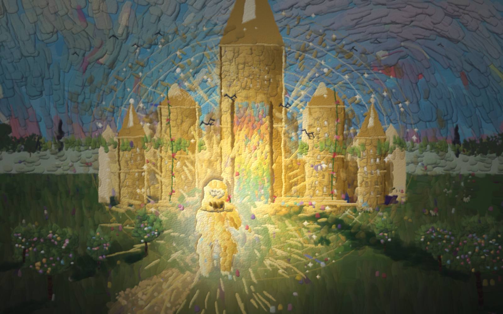 The radiant Father carries a small child on his shoulders up a path toward his light-filled house, through the one glowing door that opens on a whole world of colour.