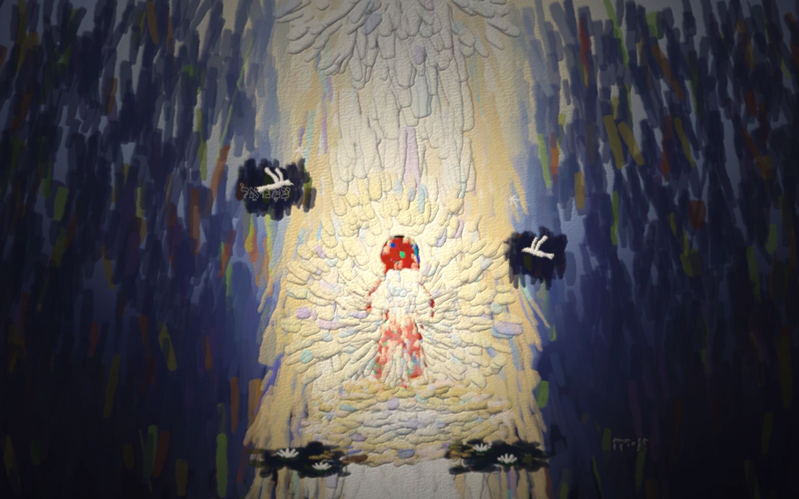 A red child under a falling stream of white-gold light, the scarlet stain washing away as a white robe of light forms over them.