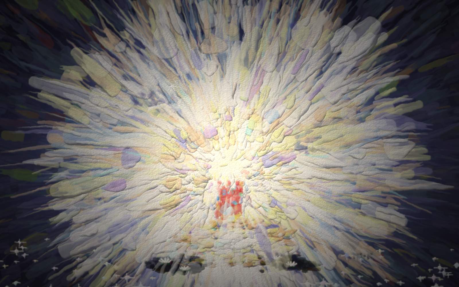 A small child stands beneath a dense vertical waterfall of brilliant white-gold light pouring straight down from above, glowing hard against a deep blue-violet surround. A clean radiant white robe of light overtakes the child from the head down, while the old scarlet rinses away below — vivid red threads paling to white as they run into a bright pool of light at the feet. Two white doves fly in toward the fall against the deep blue surround, their wings silver and their breasts a soft green-gold, and white water-lilies bloom on the dark still water at the bright pool's edges. High contrast, dynamic, downward-streaming brushwork. Hidden in the fall are faint six-armed snow stars — "white as snow".