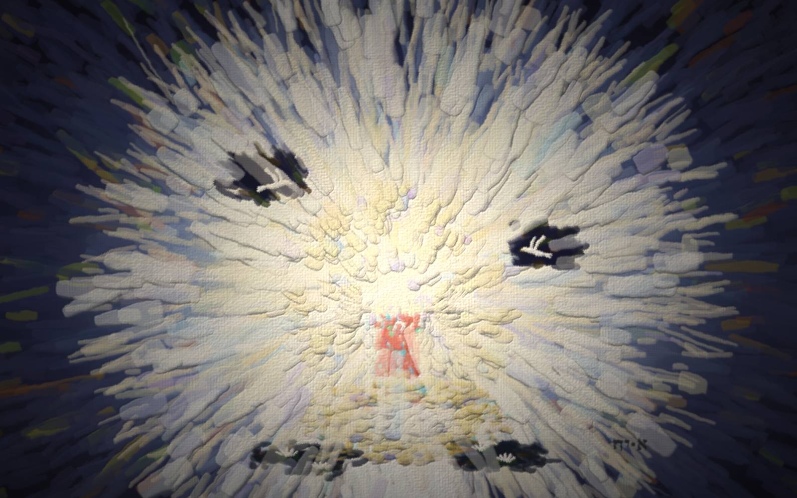 A red child under a falling stream of white-gold light, the scarlet stain washing away as a white robe of light forms over them.