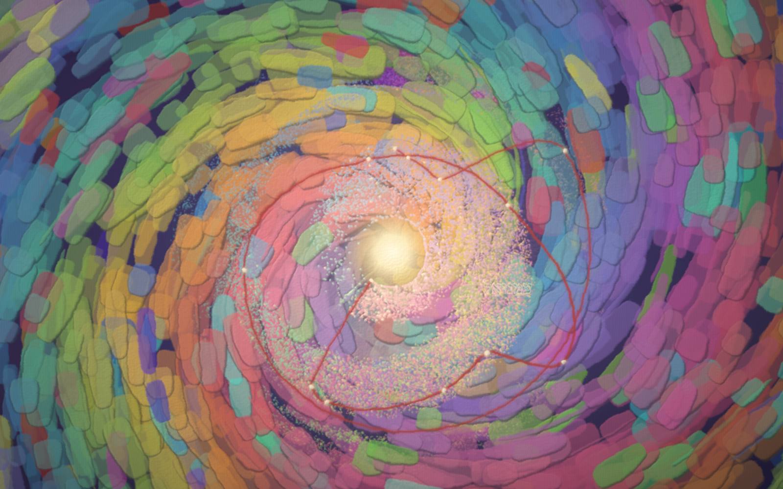 The entire Bible as one body of light: 31,102 verses as glowing motes wheeling around a radiant center, threaded by a single scarlet curve of redemption.
