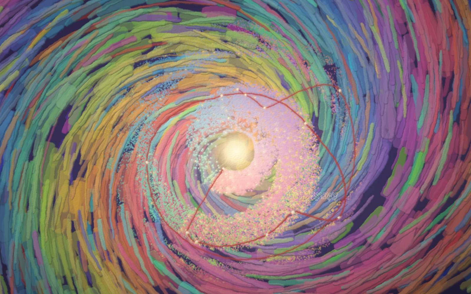 The entire Bible as one body of light: 31,102 verses as glowing motes wheeling around a radiant center, threaded by a single scarlet curve of redemption.